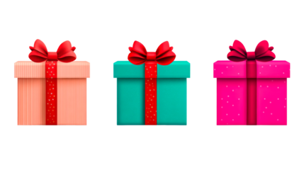 Three wrapped gifts with ribbon bows, presents, surprise, holiday, cut out transparent