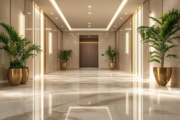 Elegant hallway with golden plant pots and marble flooring design
