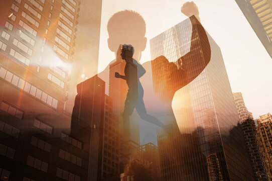 Victorious man achieving his goals, vision, health, wellness,  mind body spirit, career path concept 