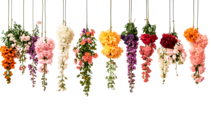 Hanging floral decor of various colors, blooming, cut out transparent