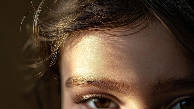 The delicate lanugo hairs on a babya??s forehead glowing under a diffused light, enhancing the fine details