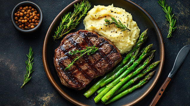 Juicy grilled steak with mashed potatoes, asparagus and rosemary on a dark plate. The style is bright and appetizing, suitable for food advertising or stock images.