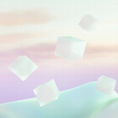 Clear and fresh ice cubes piled together with glimmering light reflections on a dark surface