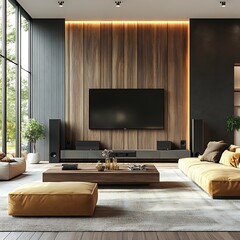 A modern living room featuring luxurious furniture and electronics