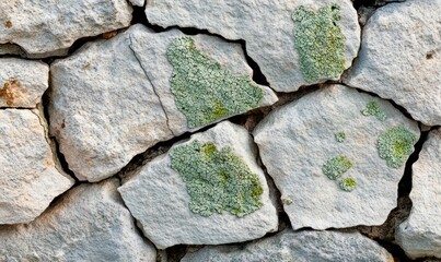 Obraz premium Close-up of an old stone wall covered with green lichen, creating a textured natural surface.