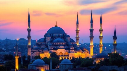 Fototapeta premium A view of grand minarets towering over an ancient city, illuminated by the warm glow of twilight