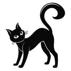 Silhouette Of Cartoon Cat, Arching Back, Curled Tail, Alert Eyes, On White Background