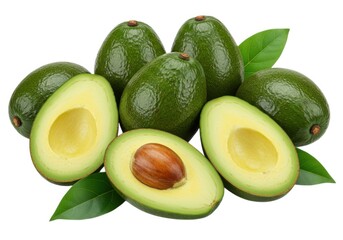 Arrangement of whole and halved avocados with green leaves