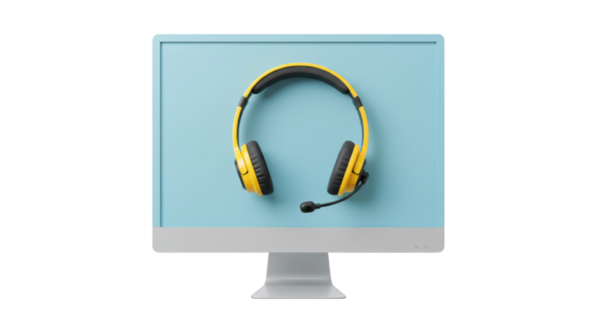 Isolated Computer Monitor Displaying Headphones for Customer Support - Powered by Adobe