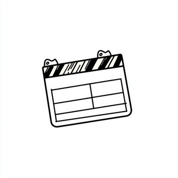 Simple, hand-drawn clapperboard graphic.  A basic, black and white illustration of a movie clapperboard, with a striped top section and divided into sections for recording