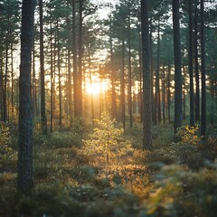 Obraz premium Golden sunlight shines through a lush forest filled with trees