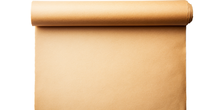 Antique brown parchment scroll with rolled top corner, cut out transparent