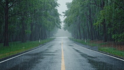 Fototapeta premium A wet road in the middle of a forest, suitable for travel or outdoor adventure photography