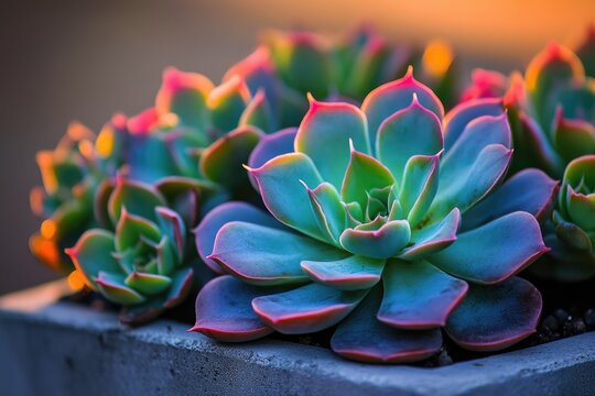 Vibrant succulents in a pot, showcasing their colorful leaves and intricate details.