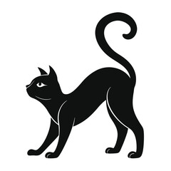 Simple Black Cat Silhouette With Arched Back And Curled Tail On White Background