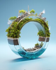 A 3D model of a ring with many objects, sustainability, future, economy, chemical plant, nature.