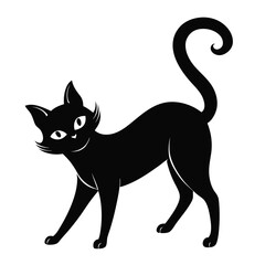Elegant Black Cat with Curled Tail, Standing Silhouette on White Background