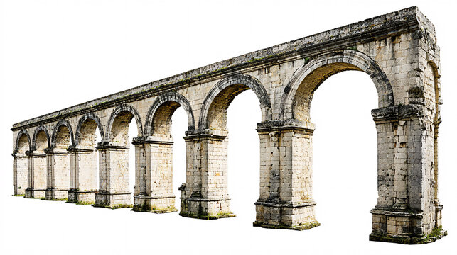 A Roman aqueduct, showcasing masterful arch construction, is a historic architectural landmark set against a white backdrop.  