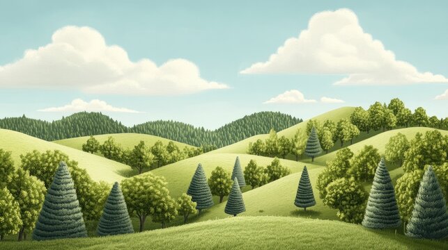 A sprawling landscape of a gymnosperm forest with various conifer species scattered across rolling hills - Powered by Adobe