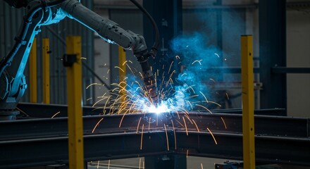 Automated robotic welding, metalworking robot arm welding metal, industrial process, production line concept, manufacturing equipment, fabrication process industry