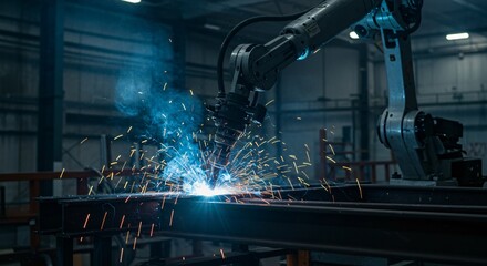 Robotic arm welds metal beams in industrial setting. Automation of manufacturing process for construction and manufacturing. Automated technology concept for industry.