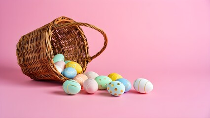 A traditional woven wicker basket tipped on its side against a solid pink background, with decorated Easter eggs spilling out. 