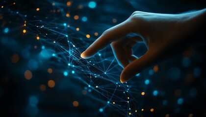 A human finger touches a network of interconnected digital lights