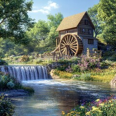 A serene countryside water mill with a weathered wooden structure, mirrored in a narrow canal, surrounded by ducks and rolling green hills in the background.

