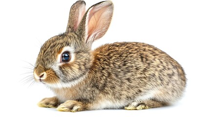 A Cute Young Brown Rabbit Resting Against a White Background