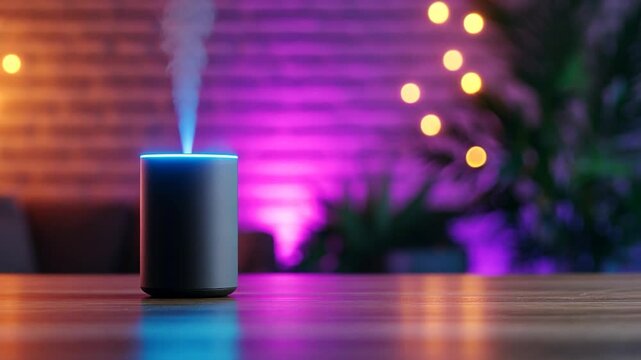 Modern aroma diffuser emitting mist in a stylish living room with colorful ambient lighting