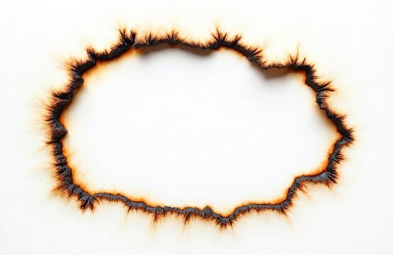 Close-up view of fire burned hole in white paper. Burnt edges form charred border, isolated on white background. Abstract design element evokes damage, destruction, aging concept. Grunge texture,