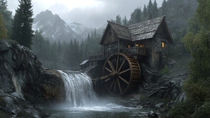 A serene countryside water mill with a weathered wooden structure, mirrored in a narrow canal, surrounded by ducks and rolling green hills in the background.

