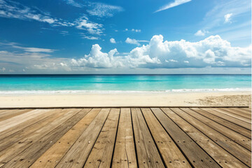 Fototapeta premium Wooden planks form a pier stretching over the blue sea towards the horizon under a summer sky