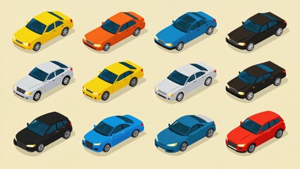 Naklejka premium A collection of colorful vehicles on a neutral backdrop, ideal for advertising or promotional uses