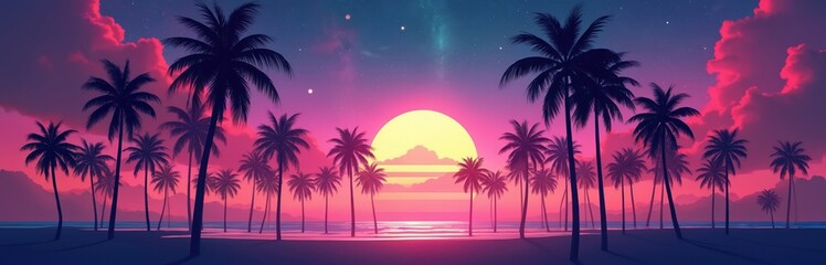 Neon sunset over tropical beach with palm trees silhouettes. Retro synthwave retrowave style. Night landscape vacation travel concept. Pink, blue, purple colors. Summer party vibe.