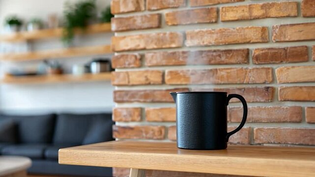 Black kettle steaming on wooden table against a brick wall in a cozy living room setting