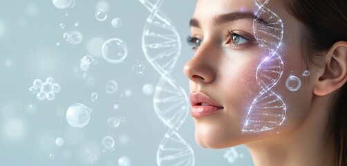 Beautiful young woman with DNA strand overlay. Conceptual image represents beauty, biotechnology, skin care, science, cosmetic. Modern treatment, healthy face, perfect skin, spa.