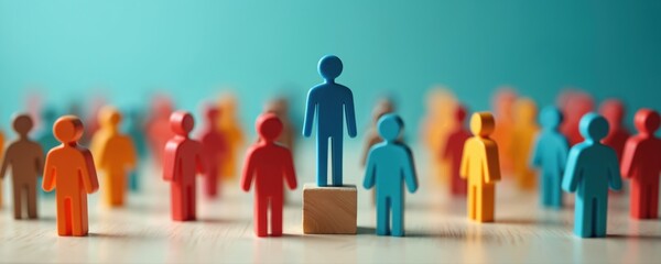 Illustration depicts leader standing on podium above team. Concept of leadership team work business success. Group of people standing on a wooden surface. Focus is on the central figure.