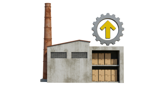 Isolated Factory Building with Gear and Arrow Symbol