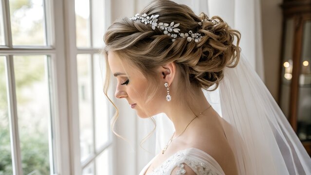 Elegant bridal hairstyle featuring a lovely updo with a delicate hairpiece and a flowing veil, captured in a soft natural light setting

