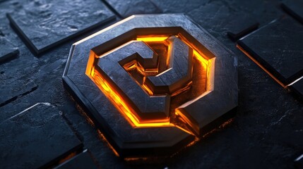 A futuristic logo with a geometric structure, glowing in neon tones, set against a dark metallic backdrop