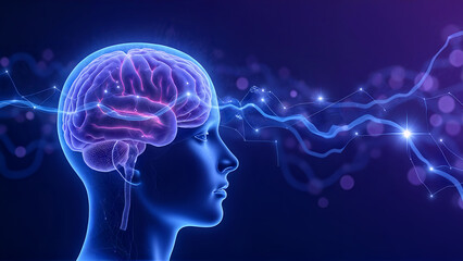 Human brain with neural connections and digital data visualization in blue futuristic style