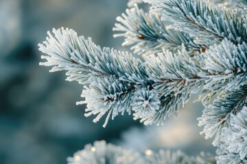Frost-covered pine needles glisten in the winter sunlight, a serene winter scene.