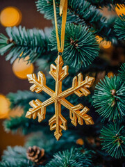 Golden snowflake ornament on a Christmas tree.