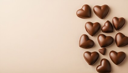 Fototapeta premium Heart shaped chocolate candies arranged on a beige surface with copy space.