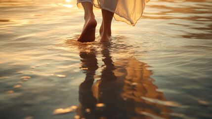 Biblical scene of jesus christ miraculously walking on water at sunrise for faith and inspiration