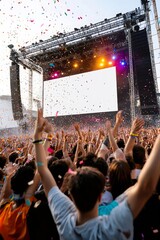 Festival attendees cheering in front of a large digital billboard on stage