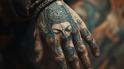 A detailed shot of a hand with a Shiva tattoo, emphasizing the artistry and precision