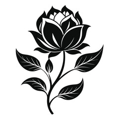 Stylized Rose Blossom Black Floral Design with Intricate Leaves and Stem Isolated