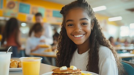 Smiling african american girl at school cafeteria enjoying pancakes with juice. Cheerful atmosphere and healthy breakfast during National School Breakfast Week. Kids eating nutritious morning meals